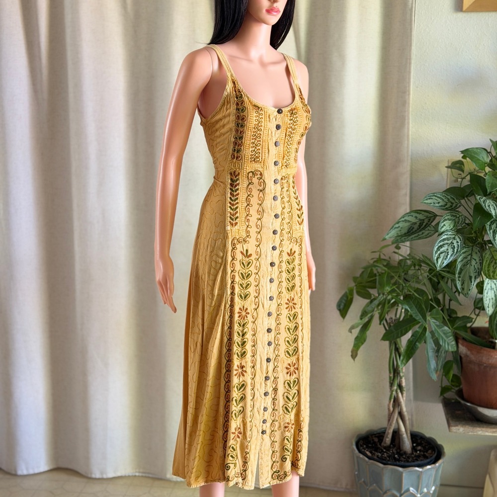 Vtg 90s Bohemian Mustard Yellow Embroidered Button Front Tie Back Midi Sun Dress